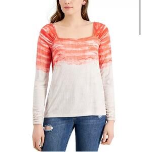 Fever Orange Beige Tie Dye Long Sleeve Square Neck Ribbed Top Womens XS New